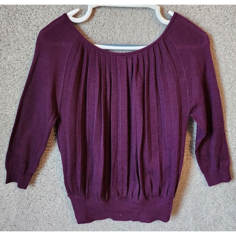 LOFT Womens 3/4 Sleeve Scoop Neck Pleated Front Sweater Top Wool Blend Purple XS
